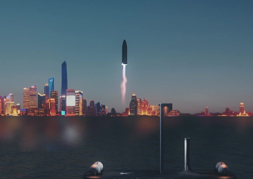 cohete saliendo de la ciudad