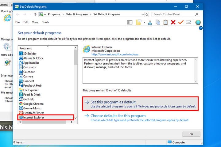 Establece Internet Explorer como programa predeterminado