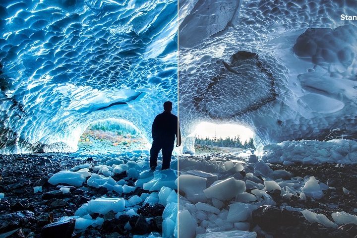 hdr tv hombre dentro de cueva de hielo