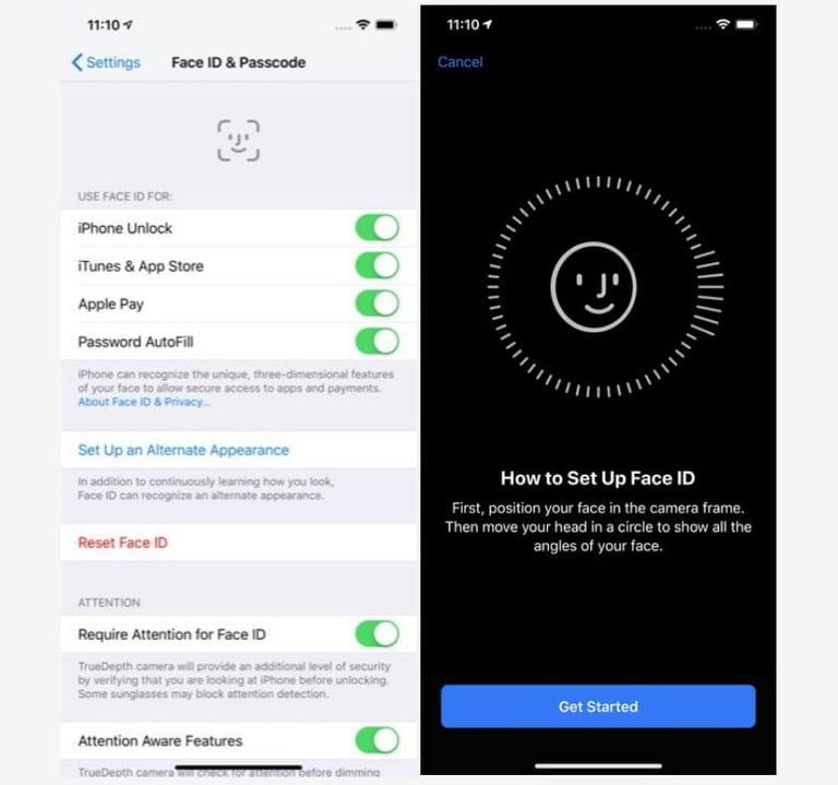Captura de pantalla que describe cómo configurar Face ID en Iphone
