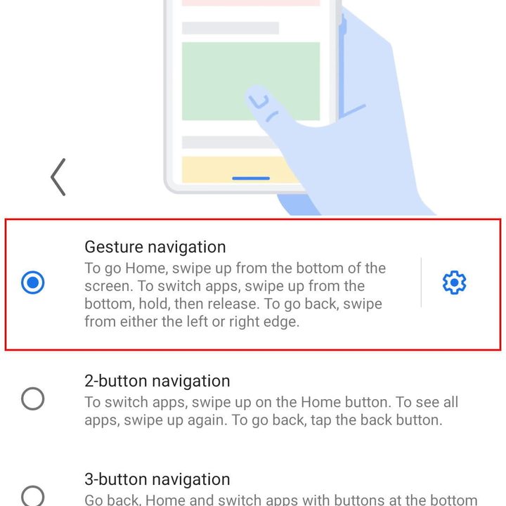 seleccionar Navegación por gestos en Android 10 para activar la navegación por gestos