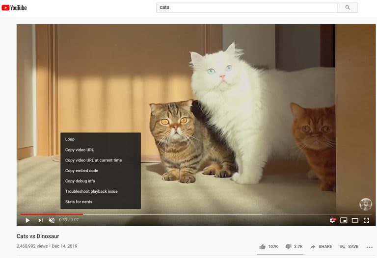 Ventana del menú con el botón derecho para copiar un vídeo de Youtube