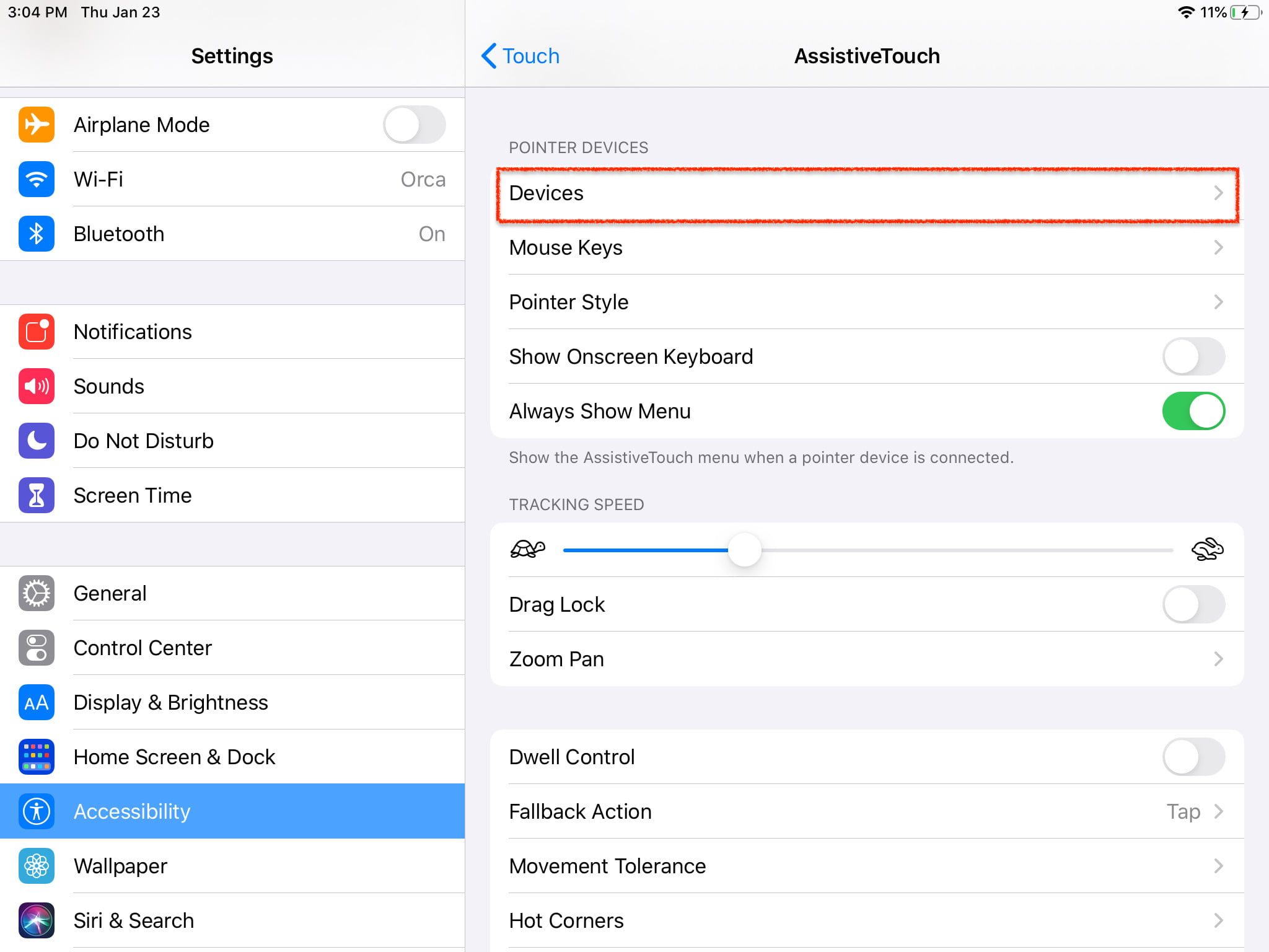 Pantalla cómo usar un mouse en un iPad paso 3, selecionar dispositivos