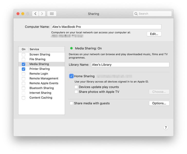 Captura de pantalla de cómo configurar la función Compartir en casa