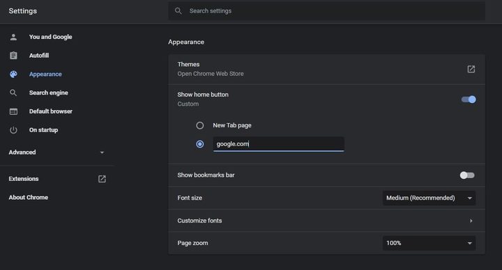establecer Google como página de inicio. Pantalla de Chrome