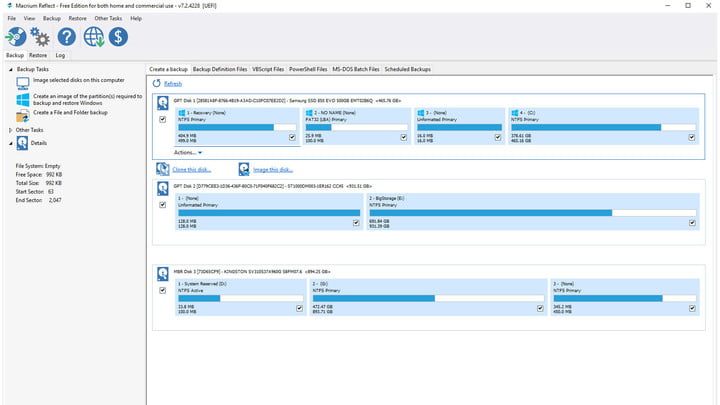 cómo clonar un disco duro. Pantalla de Macrium Reflect 7 Free Edition