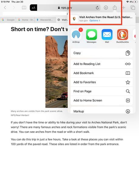 Opciones para compartir en Safari en iPadOS 13