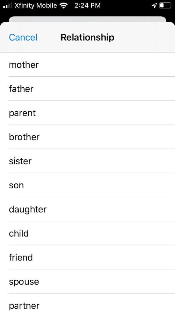 Captura de los contactos de emergencia de iPhone