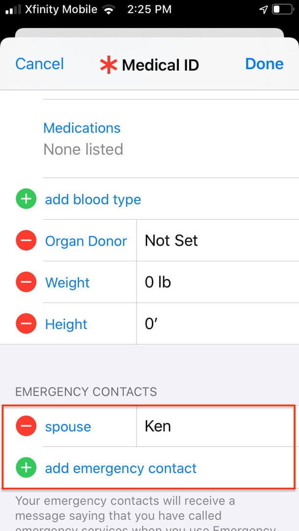 Captura de los contactos de emergencia de iPhone