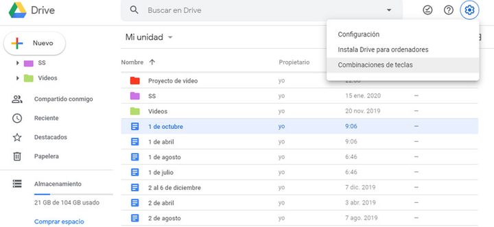 Combinación de teclas en Google Drive