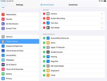 Centro de Control de iPad para configurar la Camara