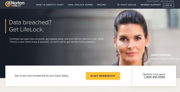 Pantalla de pagina web de Norton LifeLock y cómo evitar el robo de identidad