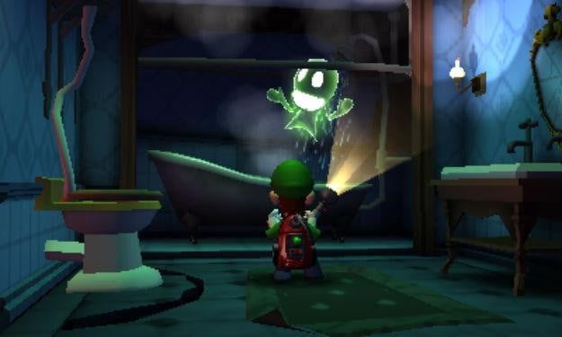 Luigi viendo un fantasma verde en un baño