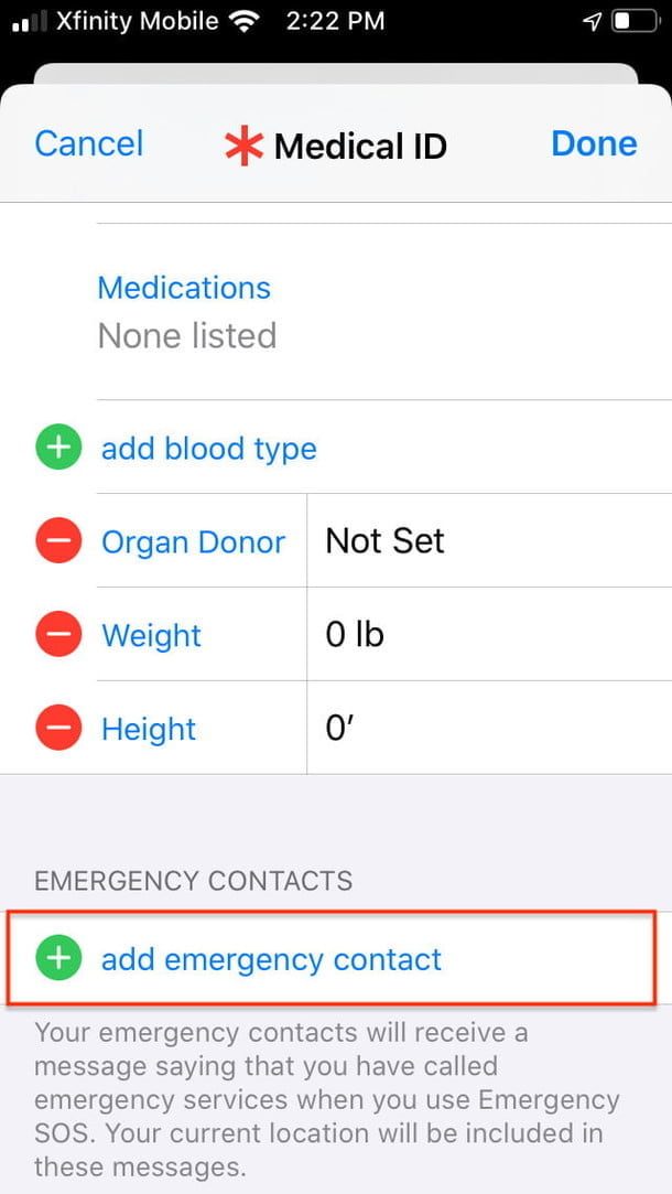 Captura para configurar Medical ID
