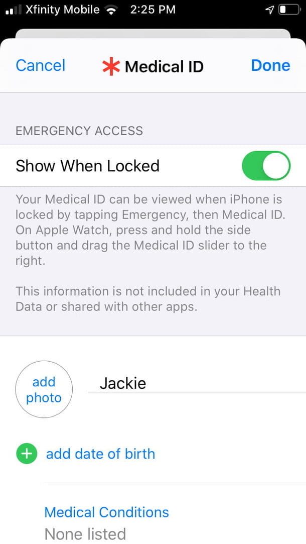 Captura para configurar Medical ID