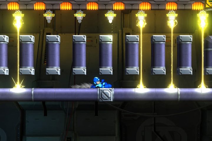 una imagen del videojuego mega man con varias columnas moradas