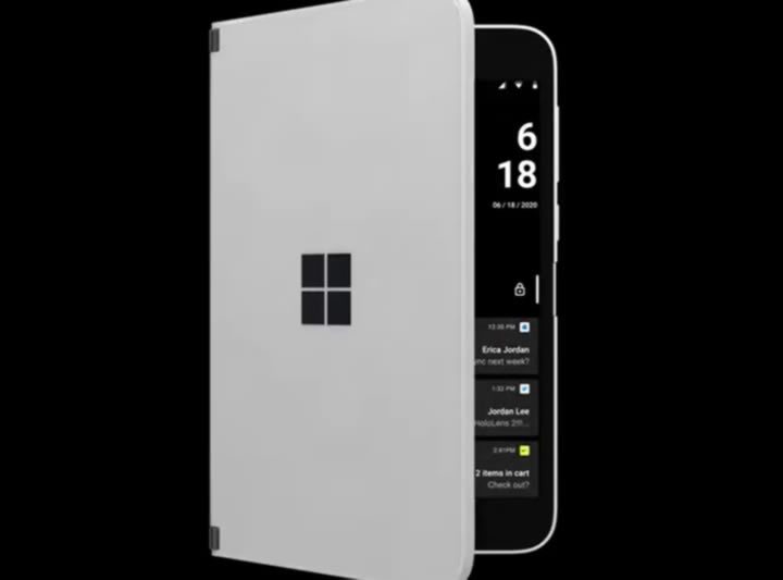 Surface Duo blanco, semiabierto para checar notificaciones