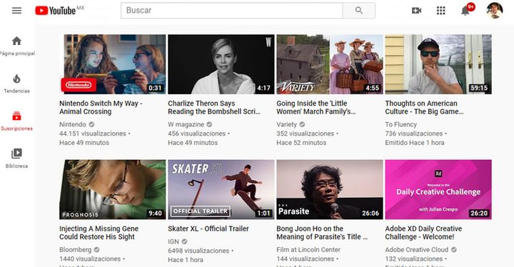 Interfaz principal de YouTube