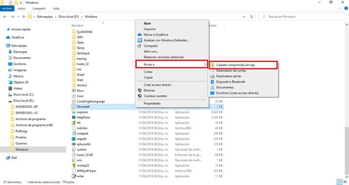Explorador de archivos de Windows 10 con la opcion de comprimir un archivo