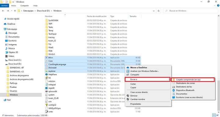 Explorador de archivos de Windows 10 con la opcion de comprimir varios archivo