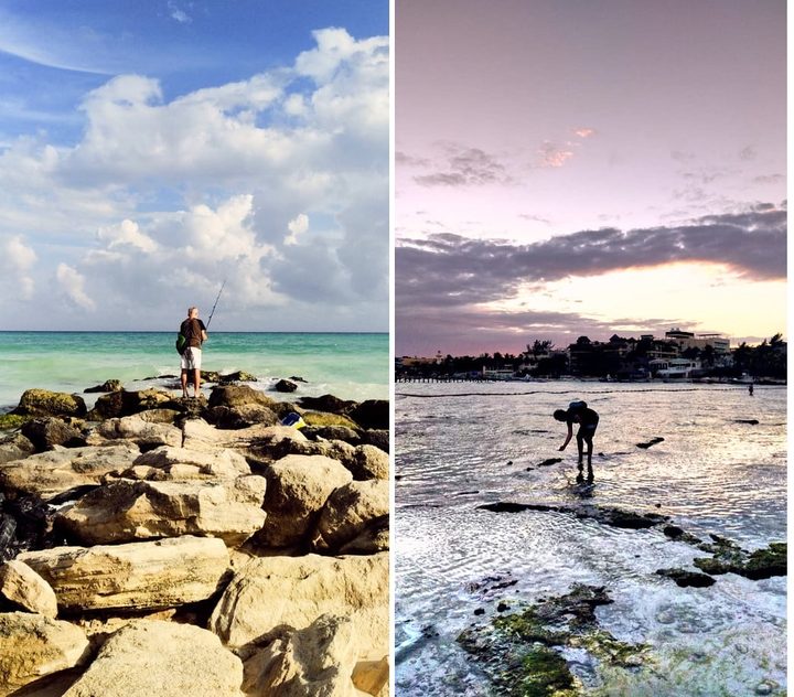 Hombre en el mar en la mañana y en la tarde