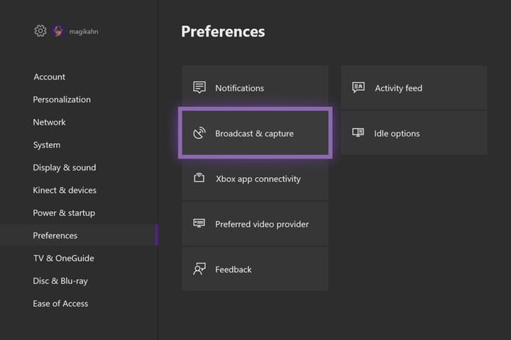Pantalla de preferencias en Xbox para iniciar una trasmision