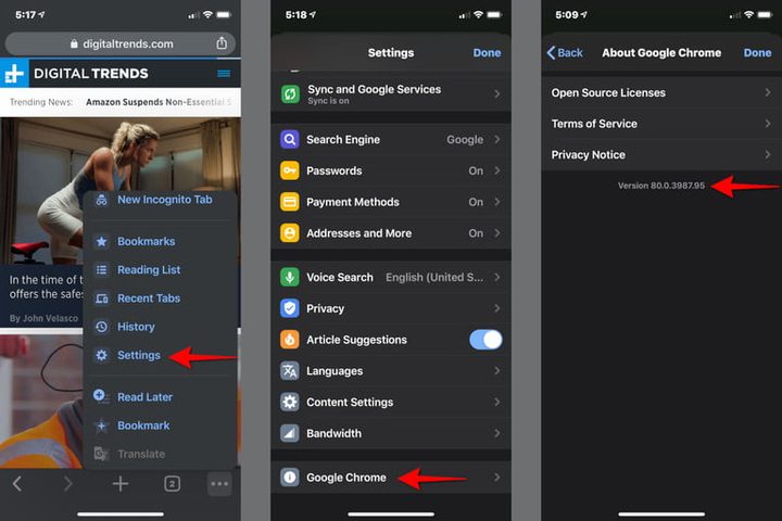 Pantalla de configuración de Google Chrome para iOS para conocer la versión de mi navegador