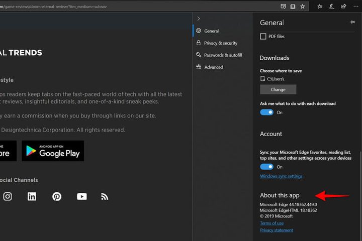Pantalla de configuración de Microsoft Edge para conocer la versión de mi navegador
