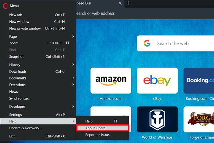 Pantalla de configuración de Opera para conocer la versión de mi navegador