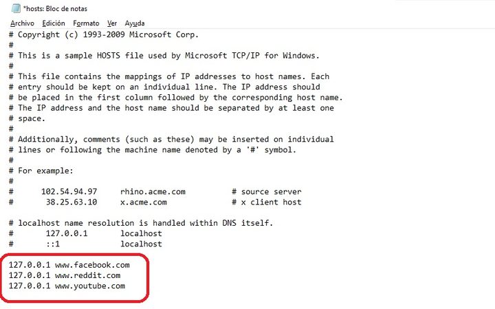 Contenido de archivo Hosts de Windows 10 en Bloc de Notas