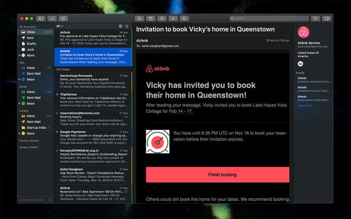 Pantalla principal de Canary Mail mostrando un correo abierto