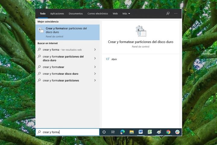 Pantalla de Administración de disco de Windows 10
