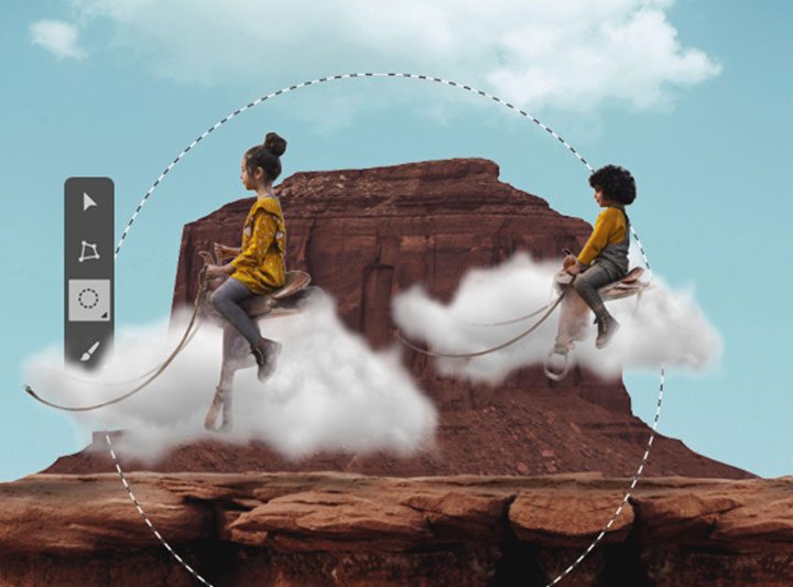 Imagen de un niño y una niña montados en una silla para caballo y de fondo una montaña para editar y aprender cómo crear capas en Photoshop