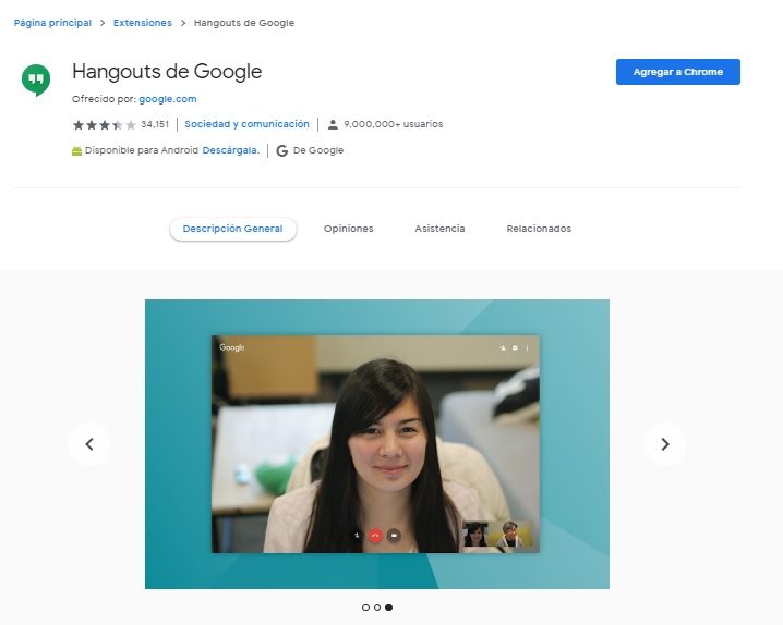 Pantalla de extension de Hangouts
