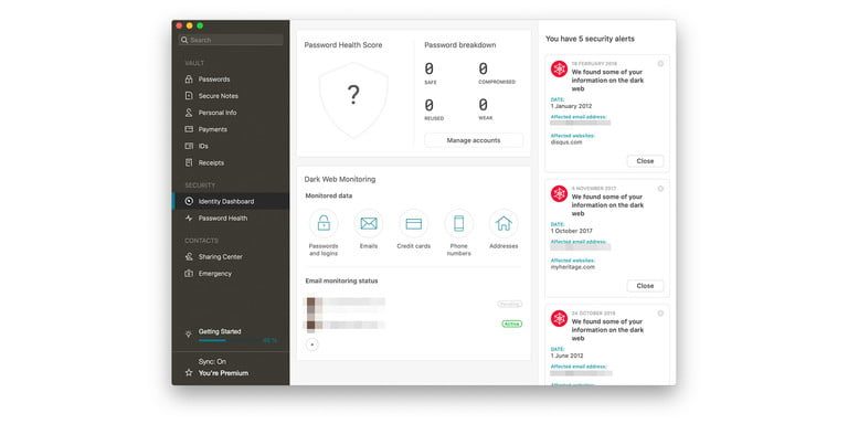 Pantalla con funciones de Dashlane