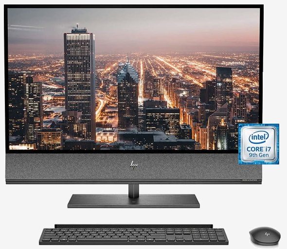 HP Envy 32 con una vista nocturna de una ciudad con edificios en primer plano