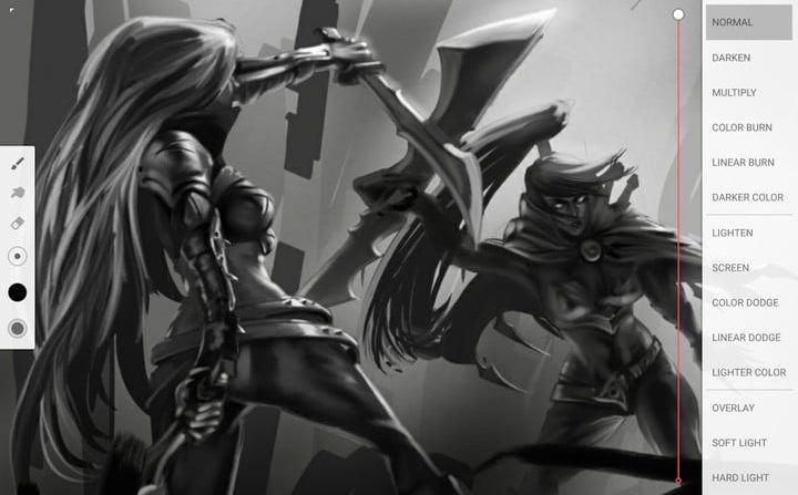 Muestra de un dibujo hecho en Infinite Painter que muestra a una mujer con una espada en tonos de grises