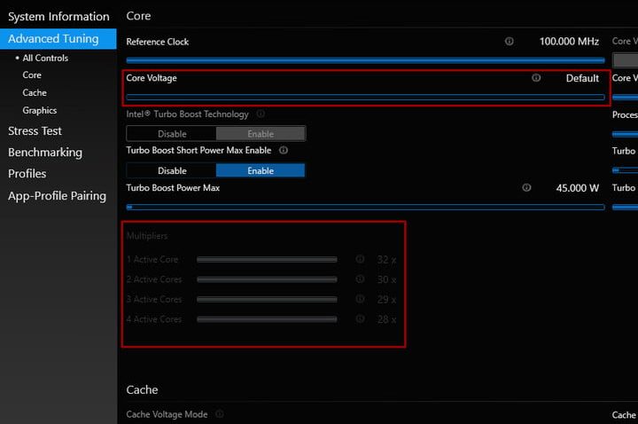 Pantalla de Intel XTU para modificar los multiplicadores en un overclocking