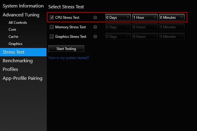 Pantalla de Intel XTU en opcion de prueba de estres