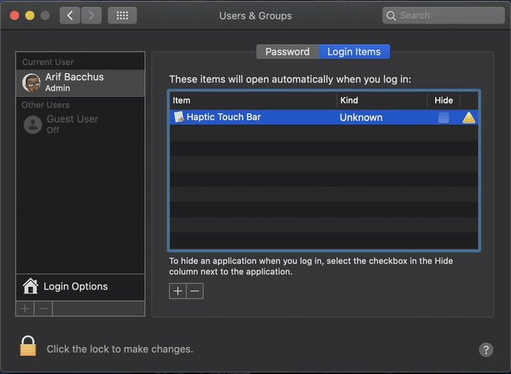 Pantalla de configuracion de Grupos y Usuarios de Mac