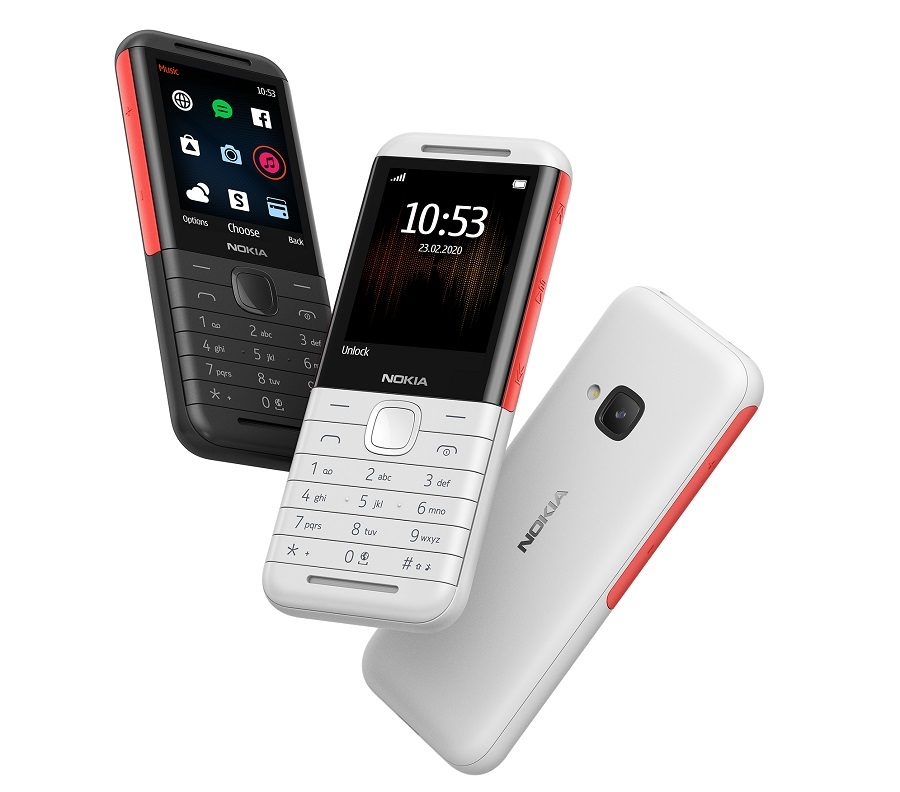 Nokia 5310 actualizado, de color blanco y detalles en rojo
