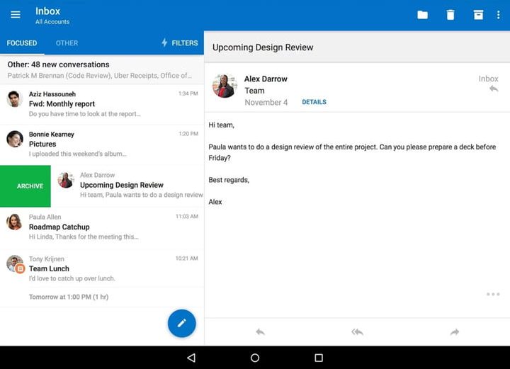 Pantalla principal de Outlook para Android