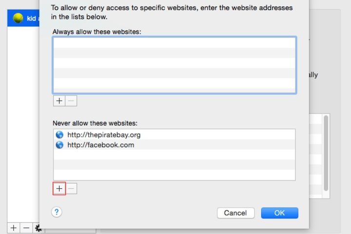 Pantalla para restringir y aceptar sitiios web en una Mac