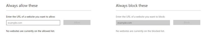 Pantalla para permitir y bloquear sitios en Windows 10