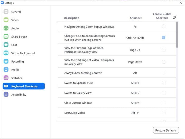 Pagina de atajos de Zoom