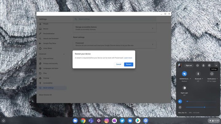 Pantalla de PowerWash para configurar una Chromebook