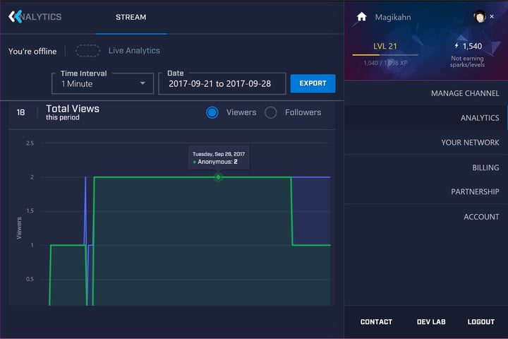Pantalla azul oscuro de Microsoft Mixer mostrando estadisticas del usuario