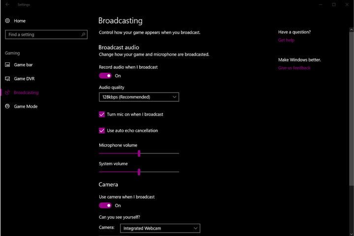 Pantalla de configuracion con opciones de streaming en Windows 10