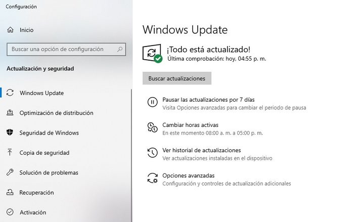 Pantalla de Configuracion de Actualizaciones para Windows 10