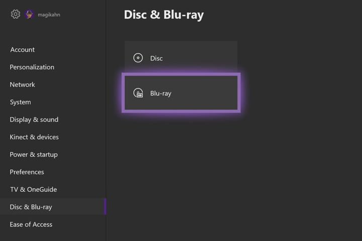 Pantalla de configuracion de Blu Ray en xbox